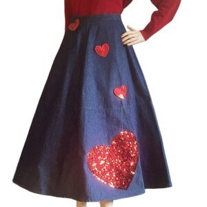 Vintage Denim Circle Skirt with Sequin Hearts